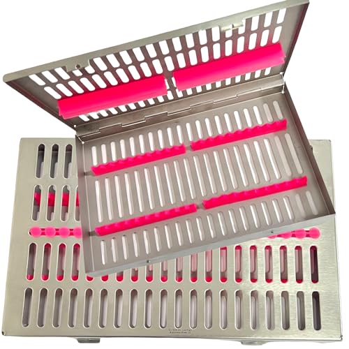 Premium Stainless Steel Sterilization Box for 20 Instruments - with Pink Removable Silicone Inserts - Dental and Veterinary Instruments Sterilization Box