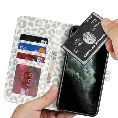 Image of for iPhone 11 Pro Max Case Wallet with Card Holder,for iPhone 11 Pro Max Wallet Case for Women Men,PU Leather Shockproof Magnetic Buckle Stand Flip Phone Case-White Leopard