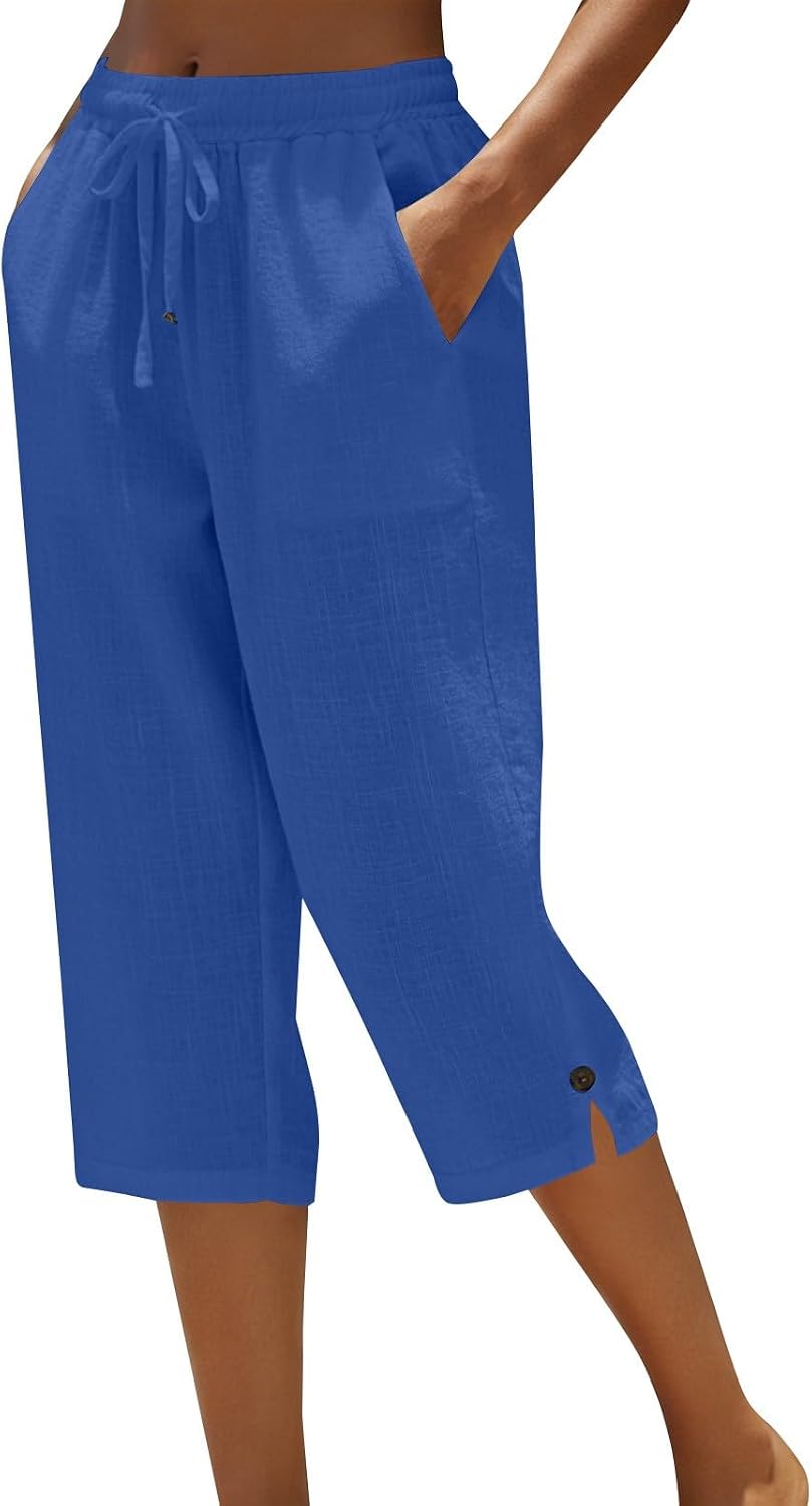 Elastic Waist Loose Straight Linen Cotton Capris, Cropped Pocketed Trousers for Womens Spring and Summer Casual Wear