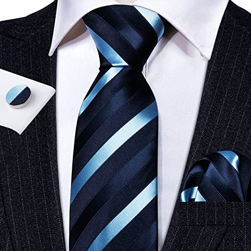 Image of Barry.Wang Tie Sets for Men Silk Stripe Necktie Woven Checkered Handkerchief Cufflinks Formal Business Wedding