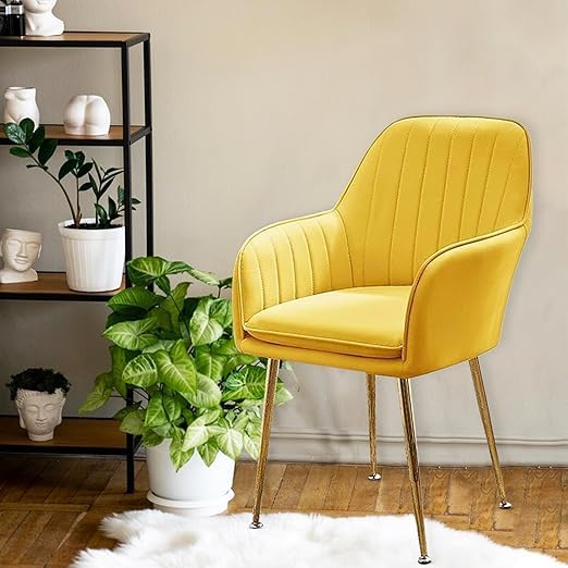 Image of Set of 2 Velvet Dining Chairs, Cushion Seat Chair for Living Room Bedroom Restaurant, Modern Contemporary Upholstered with Polished Rosegold Metal Legs (Yellow)