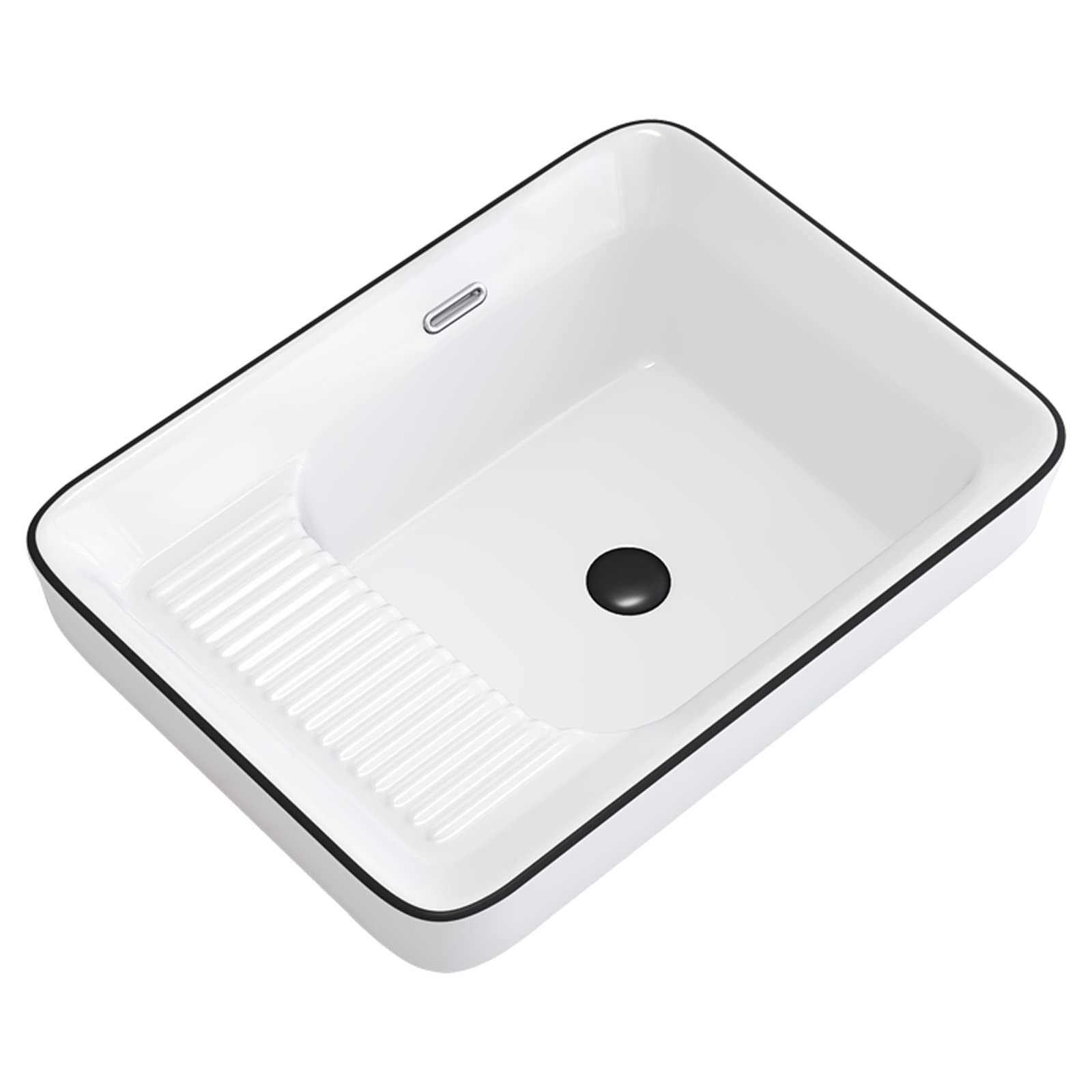 WOTZOV Bathoom Sink White Ceramic Bathroom Sink, 22"×16.5" Ceramic Basin Sink With Washboard And Pop-Up Drain Combo, Rectangular Bathroom Vessel Sinks,A-One Size