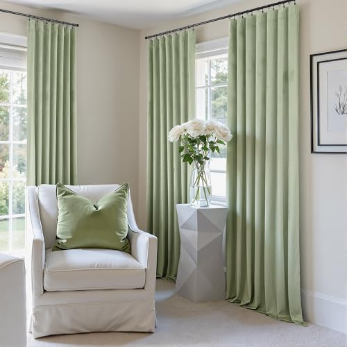 Image of 102 Inch Curtains Sage Green Velvet Long Curtain for Living Room Darkening Thermal Classic Solid Heavy Duty Neutral Window Drape for Bedroom Aesthetic Hallway Cottage Core Retro Holiday Decor 2 Panels