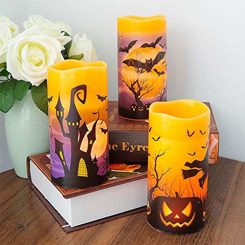 Image of Flameless Candles Battery Operated with 6 Hour Timer, Halloween Decals Real Wax LED Flickering Pillar Candles Set of 3 Indoor Halloween Window Table Decor(3 x 6 Inches)