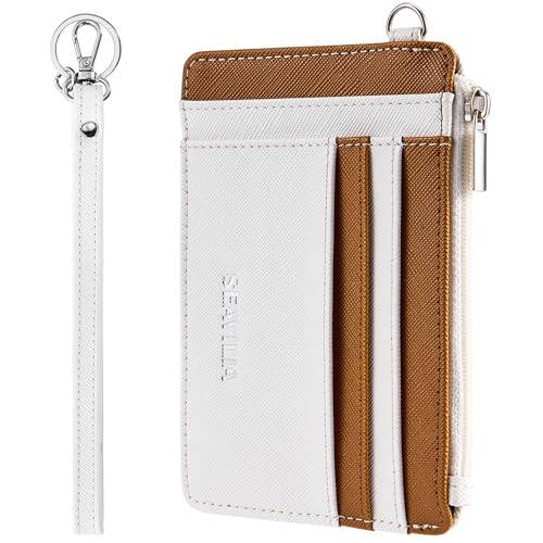Image of SEAVILIA Small Wallet for Women Slim Wristlet Keychain Wallets RFID Credit Card Holder With Zipper Pocket, ID Window, Beige&Brown, Minimalist