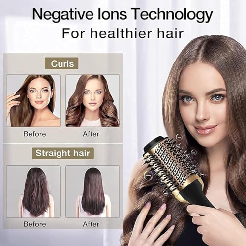 Image of 24K Gold Styling Surface Hot Brush 3 in 1 One Step and Styler Volumizer for Straightening, Curling, Salon Negative Ion One Step Styler, Hot Air Blow Brush for Women Golden One step Best Gift Your Partner (Gold PLATED DRAYER)