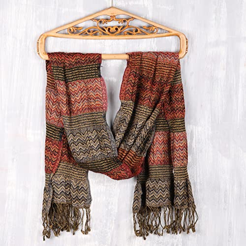 NOVICA Artisan Handmade Wool Scarf Wave Pattern from India Accessories Scarves Multicolor Wrap Patterned ' Autumn Waves'3
