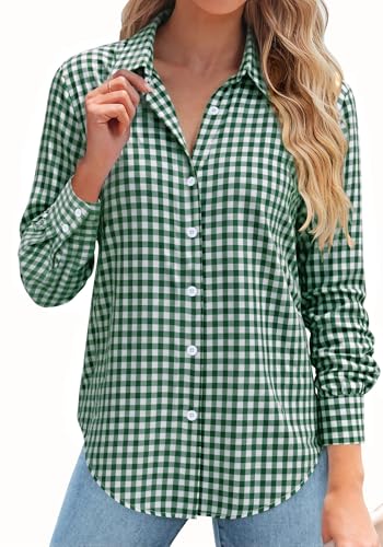 Rapbin Dress Shirt for Women Button Down Up Long Sleeve Blouses Casual Collared Cotton Western Outfits (Dark Green Plaid,Large)