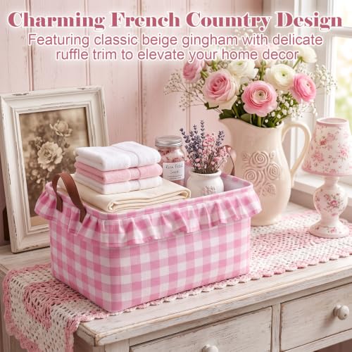 Image of Boao 1 Pcs Pink Ruffled Gingham Canvas Basket, Rectangular Organizing Decorative Storage Basket with Handle, Cute Farmhouse Home Decor for Nursery Room Bathroom Living Room