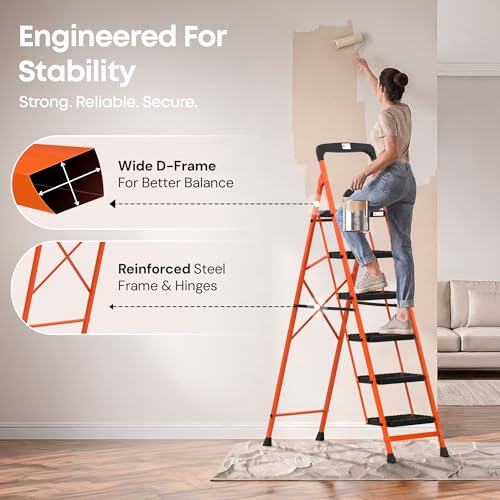 Image of BonKaso Climb Easy 6 Step Heavy Duty Foldable Steel Kitchen Ladder for Home, Office & Outdoor Use with Anti-Slip Wide Steps, Support Handle & Tool Tray (Orange & Black)