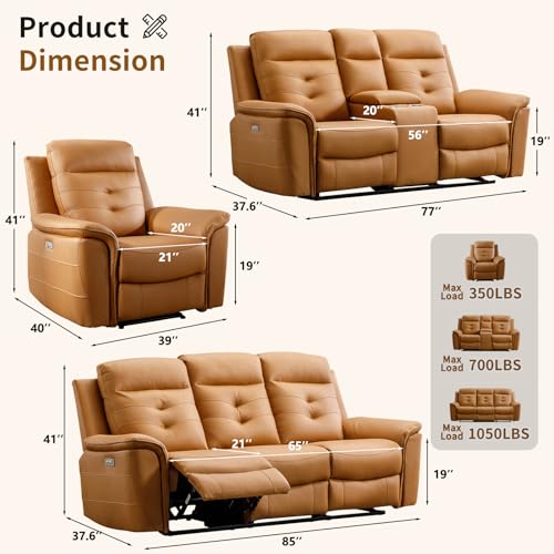 Image of ANJ 2-Piece PU Leather Recliner Sofa Set with Charging Port, Include Single Power Recliner Chair and Electric Loveseat Reclining Couch with Hidden Storage & Cup Holders for Living Room, Yellow