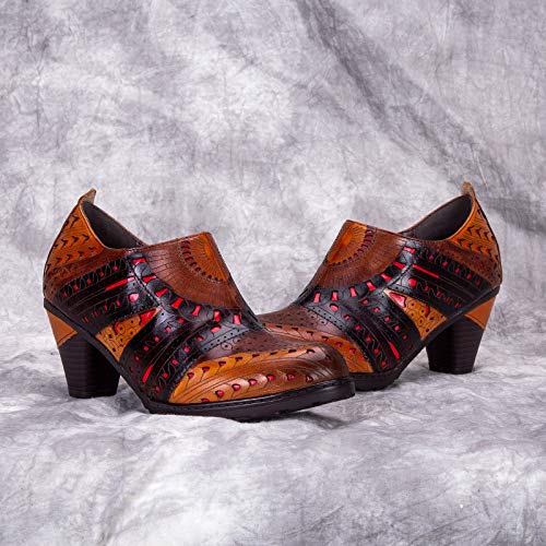 CrazycatZ Leather Pumps,Womens Colorful Patchword Block Heel Bohemian Vintage Shoes2