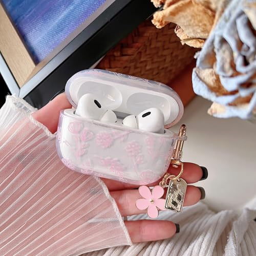 Image of MINSCOSE Compatible with AirPods Pro 2 Clear Case,Cute Flower Floral Aesthetic Design with Flowers Keychain, Soft TPU Protective Shockproof Case for Women Girl for Airpod Pro 2-Pink