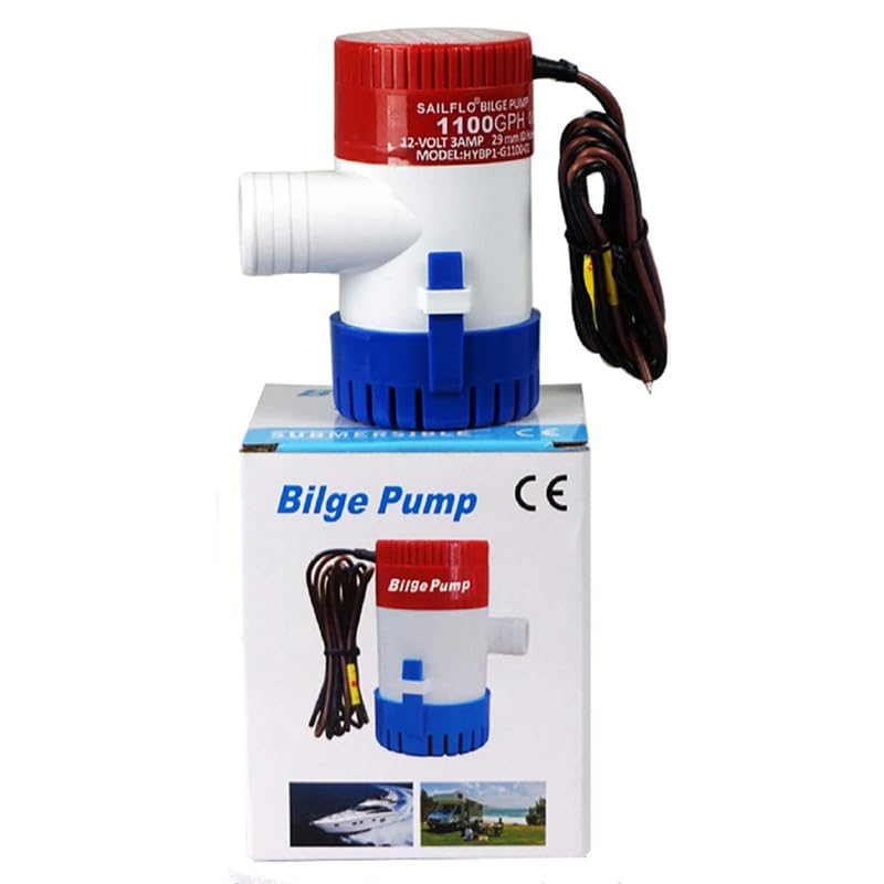 Pompa zęzowa do łodzi, 12 V, 1100 GPH, wysoki przepływ, wąż 29 mm (1-1/8"), 3 A, cicha, kompletna, podwodna, 1 szt.