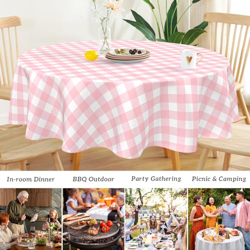 Image of Mulbozy 2 Pcs Pink Gingham Round Plastic Tablecloth Disposable, 84 inch