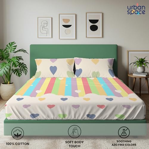 Image of Urban Space 144 TC Divine 100% Cotton Bedsheet for King Bed, Cotton Bedsheet with 2 Pillow Covers (Size 108 x 108 inches, Rainbow Hearts, King Size)