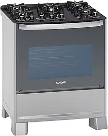 SUGGAR FOGÃO MASTER GRILL PRATA MESA DE VIDRO 5 BOCAS TRIPLA CHAMA GRILL 110V TREMPE FERRO FUNDIDO ACENDIMENTO SUPERAUTOMÁTICO FGVMTG511PRIX