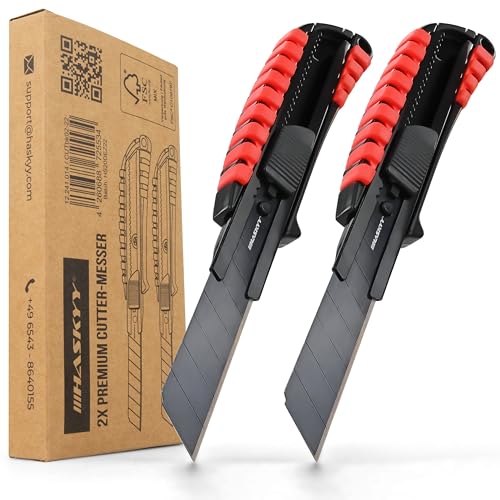 HASKYY Cúter universal profesional Set de 2 cuchillos de 18 mm con hoja extra afilada SK5, cuerpo ergonómico con ranuras de goma y cambio seguro de la hoja