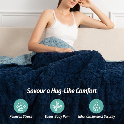 Wemore Weighted Blanket for Adults Twin Size 20 lbs, Dual Sided Soft Fuzzy Jacquard Sherpa Weighted Blankets for Sleeping, Cozy Fluffy Knitted Heavy Blanket for Couch Bed, Navy Blue, 60 x 80 inches