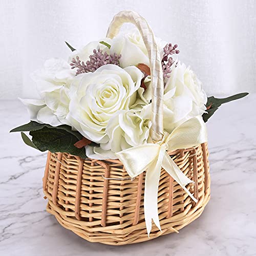 Goosacyon Wedding Flower Girl Baskets Flower Girl Basket Rustic Small Wicker Basket with Handle Willow Hand Woven Basket for Wedding Home Garden Decoration