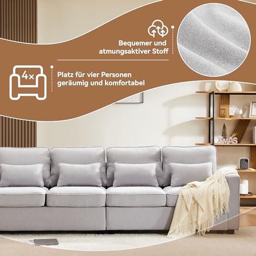 SEEDWAVE Big-Sofa 4-Sitzer großes Sofa, 264cm breites Leinen-Polstersofa, Recamiere mit Vier Lendenkissen,Big Sofa Für das Wohnzimmer (Hellgrau)