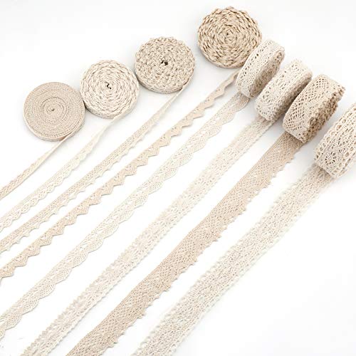 AIEX 40 Yardas De Encaje De Algodón Cinta De Encaje Vintage Para Decoración De Bodas Embalaje De Regalo Costura De Bricolaje 5 Yardas Cada Uno 8 Estilos (Beige)