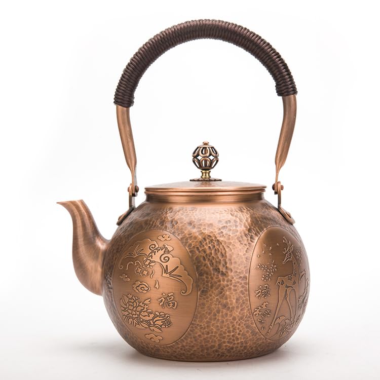 Kunwu Handmade Round Small Hammer Copper Teapot Kettle Stovetop Teapot 1.5mm Thick Pure Copper Handmade, 1200 ml - 1.71bl