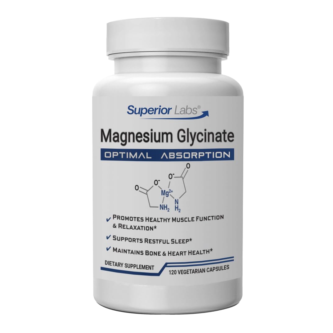 Superior Labs Magnesium Glycinate 1250 mg, High-Absorption, Pure Non-GMO, Supports Quality Sleep, Eases Muscle Cramps, Bone & Heart Health,120 Veg Caps