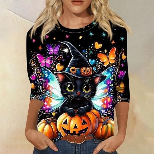 Cute Funny Halloween Shirts for Women Plus Size 3/4 Length Long Sleeve Womens Tops Witch Gothic Renaissance Shirt