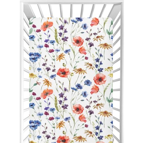Image of CaTaKu Wildflowers Poppy Mini Crib Sheets for Girls Boys Baby Mattress Sheets Fitted, Soft Toddler Nursery Bed Sheets Neutral 28 inchx 52 inch