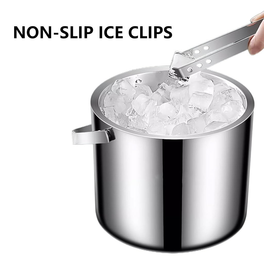 Eiskübel,Champagner-Eimer, Mit Deckel und Zange isolierter Sektkühler Silber Edelstahl hält EIS kalt und trocken Eishalter for Partys Cocktail Wein Home Bar Eiswanne(1.3L)