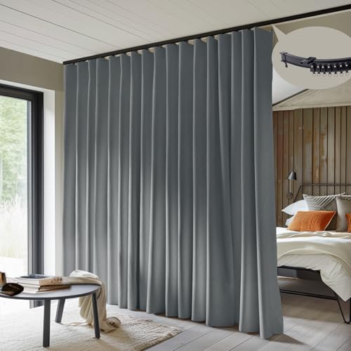 Image of MaKefeile Room Divider Curtains with Flexible Ceiling Curtain Tracks Set,100% Blackout Floor to Ceiling Curtains Patio Sliding Door Curtains (Dark Grey Drape & Black Rail W 15 x H 7 FT)