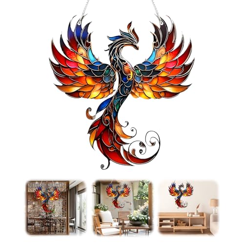 Phoenix Suncatcher - Stained Glass Effect Window Hanging - Oriental Bird Acrylic Ornament - Colourful Rainbow Maker Sun Catchers for Windows Indoor Outdoor Garden - Unique Chinese Art Home Decor Gift