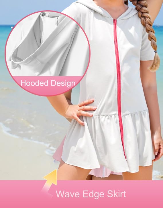 Image of Girls Sun Protective Swim Cover Up Hooded with Full-Length Zipper Short Sleeve UPF 50+ Beach Dress Coverup