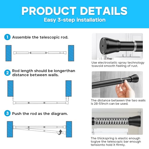 Image of AIZESI Tension Curtain Rod 28 to 48 Inch, 2pcs Black Tension Rod Adjustable Curtain Rod Curtain Tension Rod Spring Tension Curtain Rod No Drill Spring Curtain Rod Small Shower Rod
