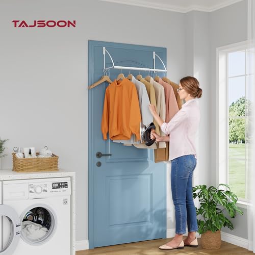 Tajsoon Over the Door Hanger Expandable & Adjustable, Over Door Clothes Hanger Rack for Towel & Coat, Bathroom Over Door Clothes Rack Hooks for Bedroom, Washroom, Fits Doors up to 1¾”, Metal, White