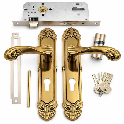 Door Handle Set with Lock Antique Brass Finish Decorative Lever Handle Euro Cylinder Lock Complete Hardware Kit with Keys