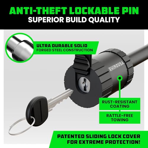 Image of Rhino USA 2 inch Trailer Hitch Pin - Patented Locking Receiver Pin for Class III /IV Hitches - Weatherproof, Anti-Theft, Debris-Protected - Tow Truck Ready - Black 1PK