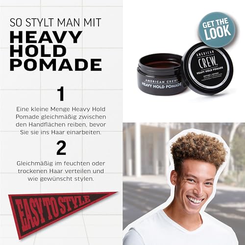 Foto von AMERICAN CREW – Heavy Hold Pomade, 85 g, Stylingpomade für Männer, Haarprodukt mit extrem starkem Halt, Stylingprodukt für Frisuren mit viel Glanz, wasserbasiert