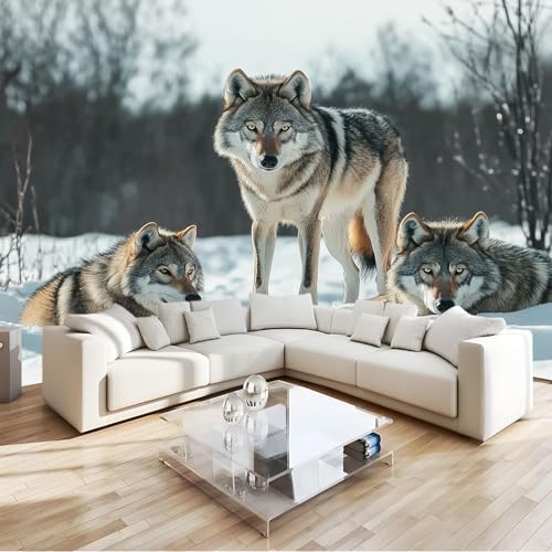 Fotomurales Animales Lobos En La Nieve Papel pintado 400 x 280 cm tejido no tejido, Arte Papel tapiz mural Gris Moderna Decoración De Pared Sala Oficina Salón