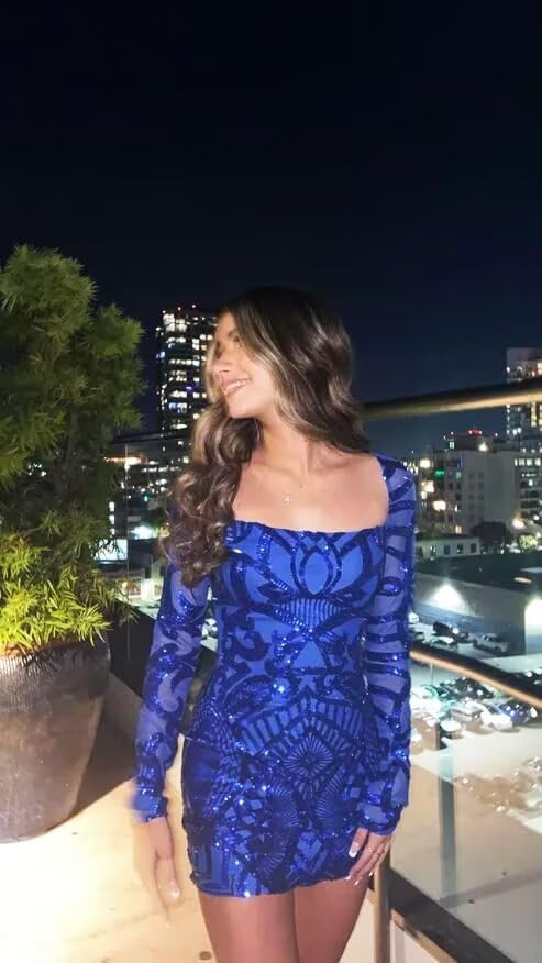 Long Sleeve Sequin Homecoming Dresses for Teens 2025 Short Tight Sparkly Prom Dress Graduation Cocktail Gown3