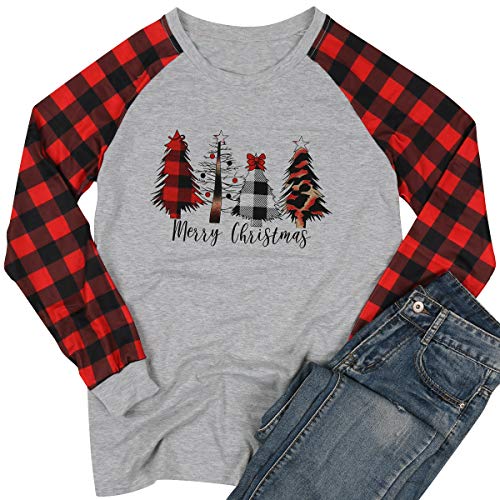 Merry Christmas T Shirt Plaid Leopard Christmas Tree Graphic Shirt Buffalo Splicing Long