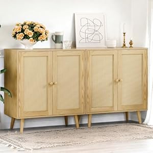 Set of 2 Rattan Sideboard Buffet Cabinets Stylish Accent Cabinets with Adjustable Shelves Doors Ideal for Kitchen Entryway Storage Wood Oak
