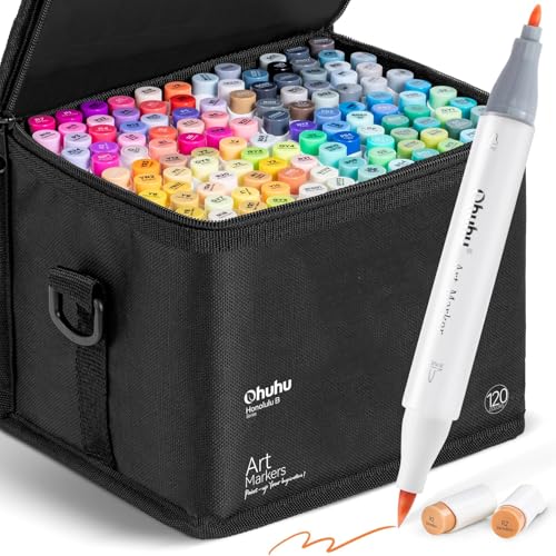Image of Ohuhu Alcohol Markers Brush Tip -Double Tipped Art Marker Set for Artist Adults Coloring Illustration -120 Colors -Brush &Fine -Honolulu B-Refillable, Multicolour