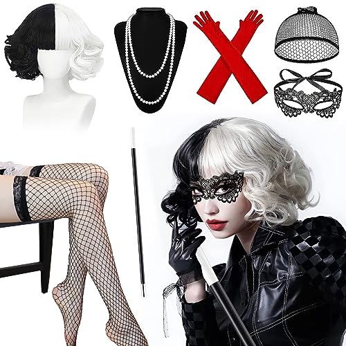 Cruella Costume Halloween Costume,Cruella Perruque Courte Noire Blanche,Perruque Accessoires avec Dentelle Masque...