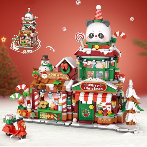 MEIEST Mini Weihnachten Stadtgeschäft Straßenblick Bausteine Set Simulation Faltbare Architektur Sammlung BAU Bausteine Spielzeug Heimdekor (Panda Weihnachtsgeschäft)