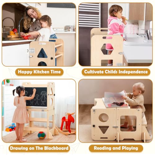 Image of Toddler Standing Tower with Anti-Fall Buckle, 4-in-1 Anti-Slip Toddler Kitchen Step Stool with Blackboard, Foldable Wooden Kitchen Stool Helper for Kids, 1-3 Year Old Boy Girl Gifts.Nature