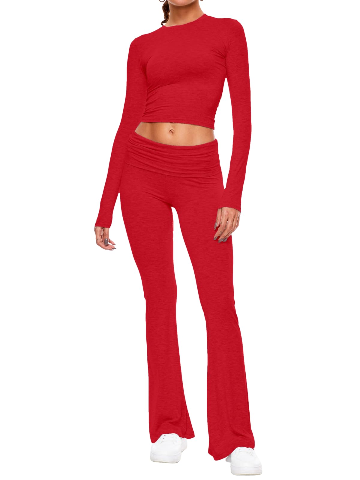 AnotherChill Women's 2 Piece Lounge Sets Fold-over Flare Pants Set Long Sleeve Cropped Top Casual Outfits Pajamas Medium Red