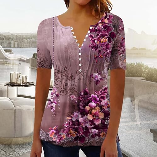 Women 2025 Spring Blouses Tops Floral Short Sleeve Boho T Shirts Dressy Casual Tunic Beach Vacation Ladies Clothing2