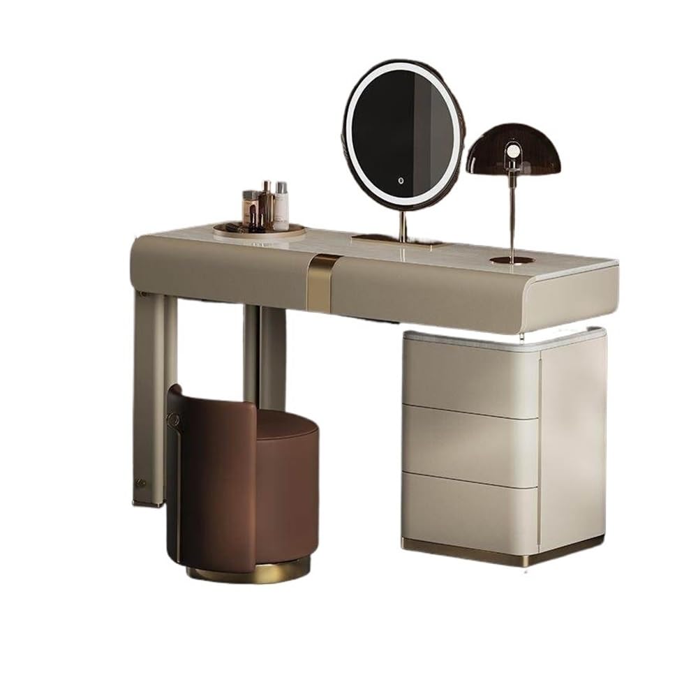Scrivania da toeletta di lusso minimalista italiana, finitura in pelle personalizzata fascia alta con cassettiera portaoggetti Toeletta con sgabello